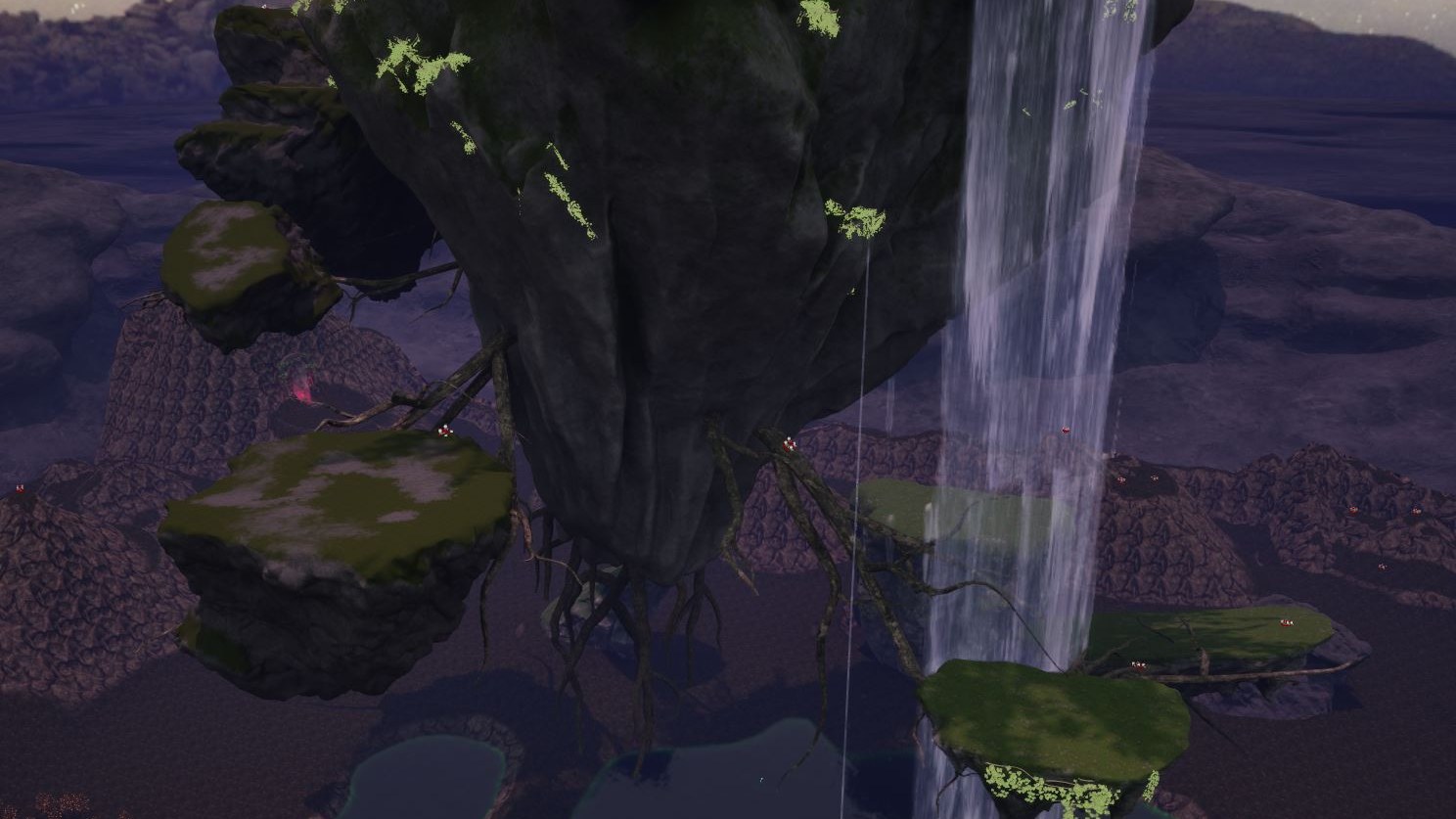 Underside of the island — roots, moss shelves, and a fall you can still use.