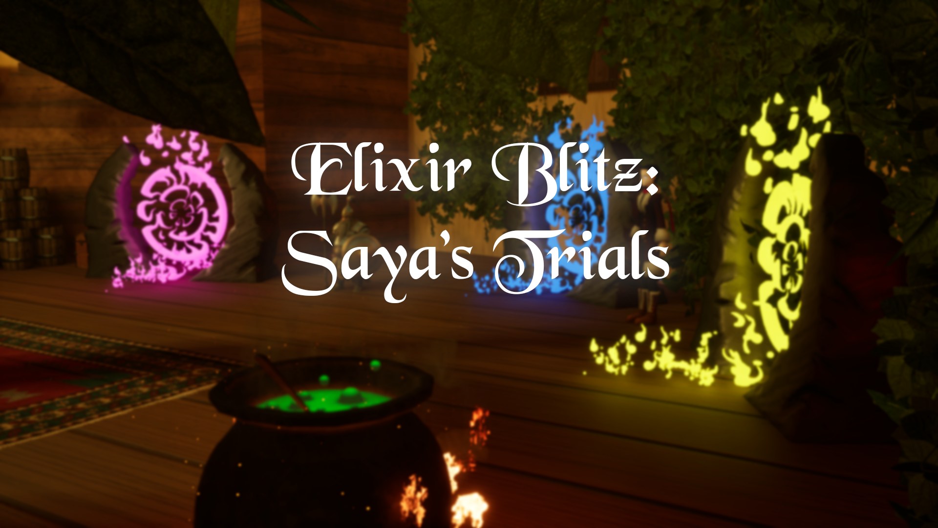 The shop — three portals, a cauldron, and the loop that sends you out.