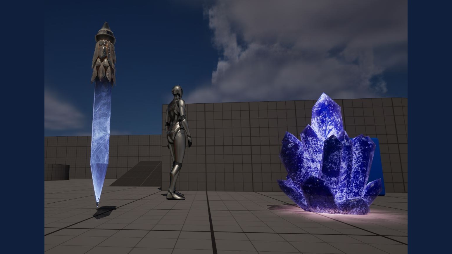 Crystal gatherables in greybox, scaled against a figure — spear and cluster as two reads of the same material.