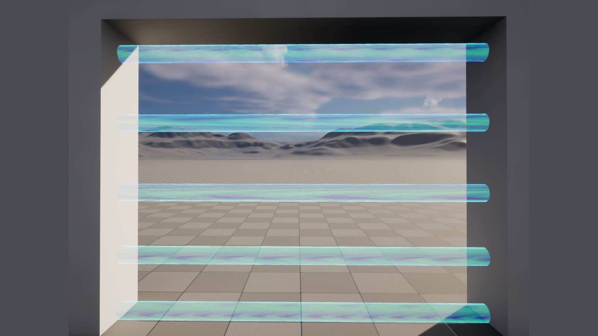 Holographic bars — a doorway that reads as blocked without a mesh fence.