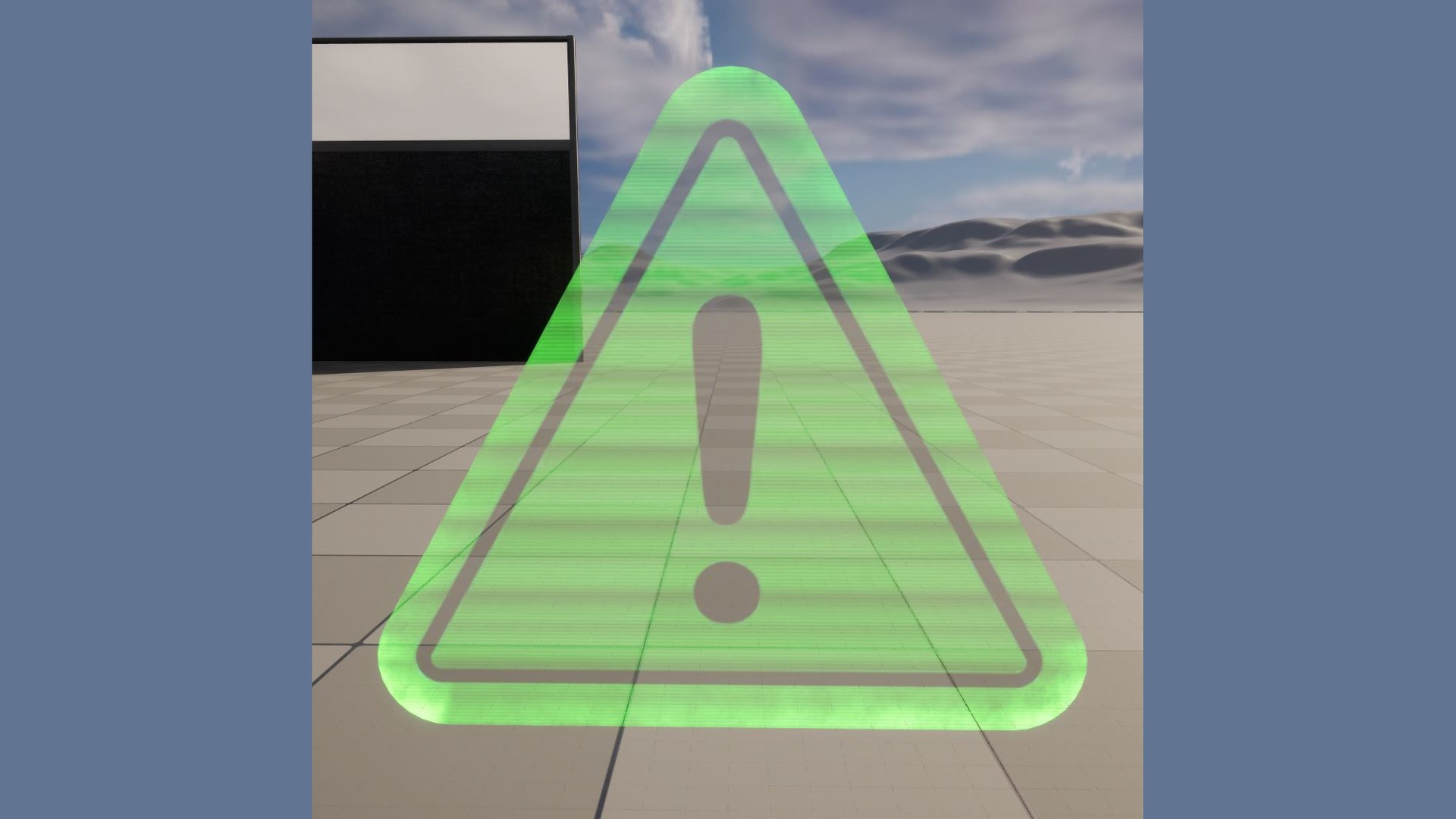 Caution hologram — scanlines and a silhouette you can parse at a jog.