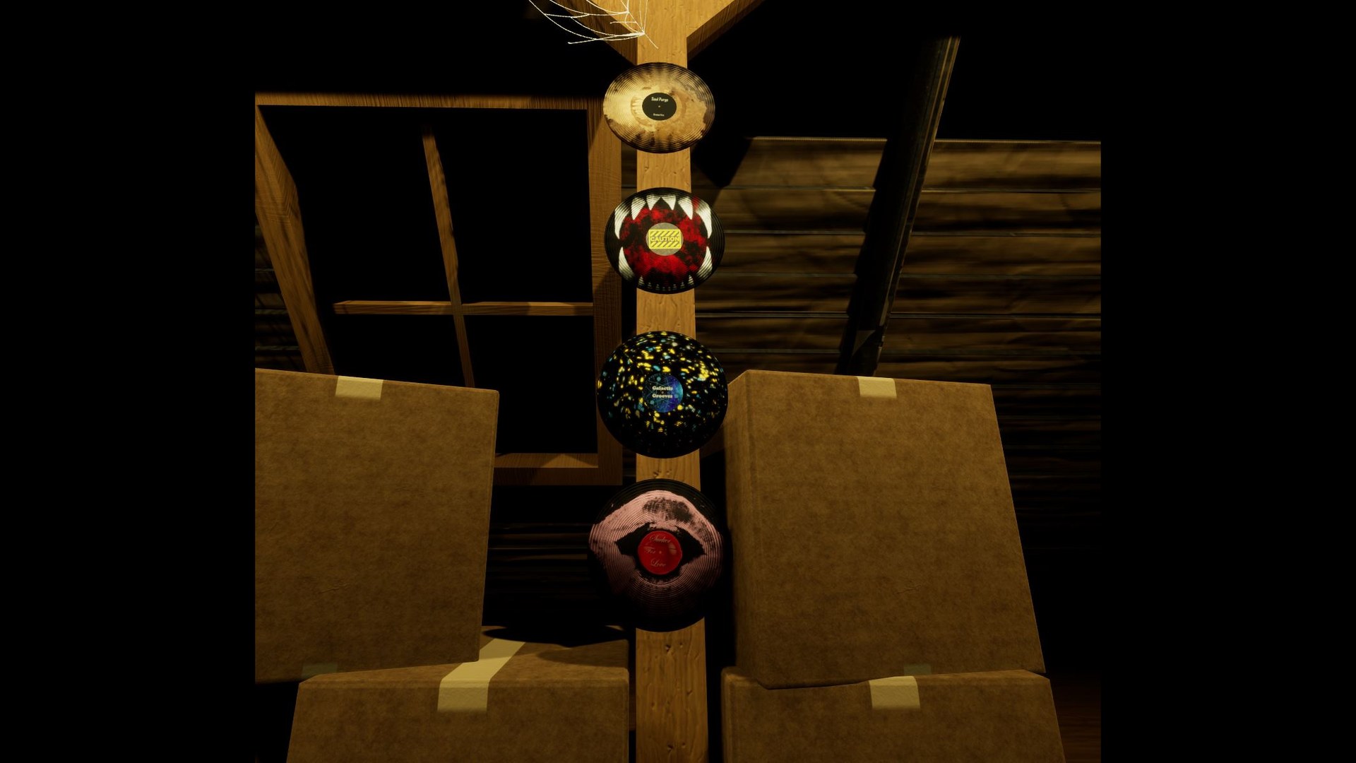 Vinyl on the beam — a set, hung where the room can use them.