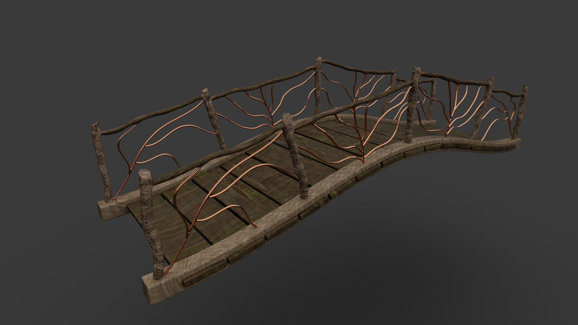 Bridge studio — wood, moss in the joints, copper vine in the rail.