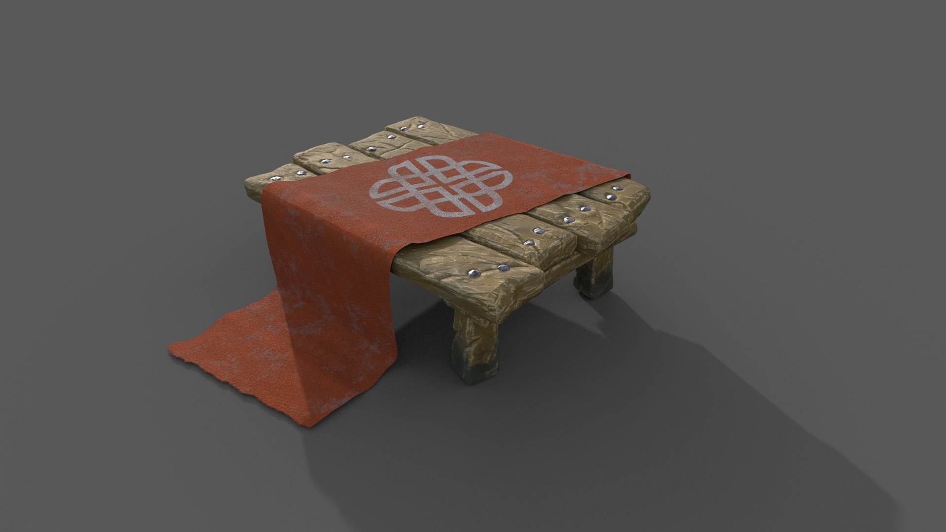 Altar table and cloth — the knot sitting on the grain.